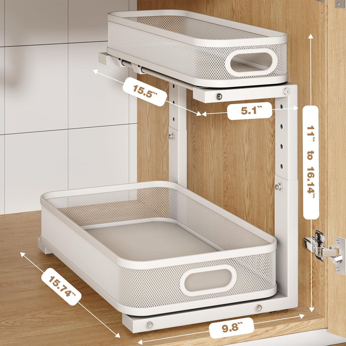 Biboraya 2 Pack Under Sink Organizer With Smooth Cylindrical Rail,2-Tier Pull Out Multi-Purpose Cabinet Storage for Bathroom&Kitchen,Height Adjustable,Rust-resistant Coating-White Biboraya