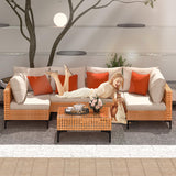 ARTBUSKE 5 Piece Patio Furniture Set Modular Outdoor Furniture Set Wicker Sectional Patio Sofa with Table Cushions Patio Set for Balcony Porch Deck Yard (Salmon&Orange Wicker, Sand Cushion) ARTBUSKE