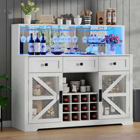 Gyfimoie Wine Bar Cabinet with LED Lights, Farmhouse Coffe Bar with Mirror, 3 Drawers & Wine Rack, Kitchen Buffet Sideboard with Storage & Glass Holder, Liquor Cabinet Hutch (43.70" Tall) Gyfimoie