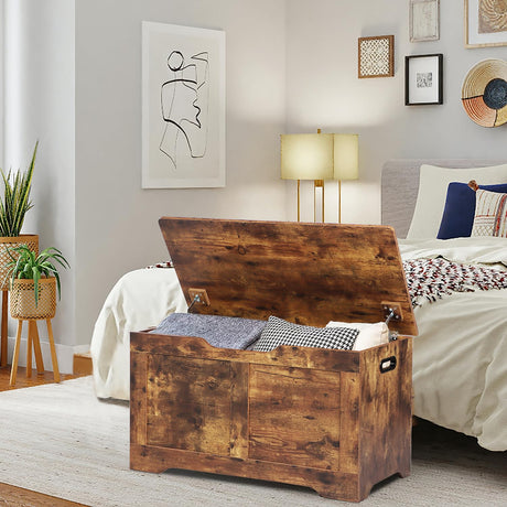 Timberer 31.5" Storage Chest, Wooden Storage Bench, Lift Top Toy Chest with 2 Safety Hinges, Large Toy Box, Entryway Shoes Bench for Living Room, Bedroom, Rustic Brown Timberer