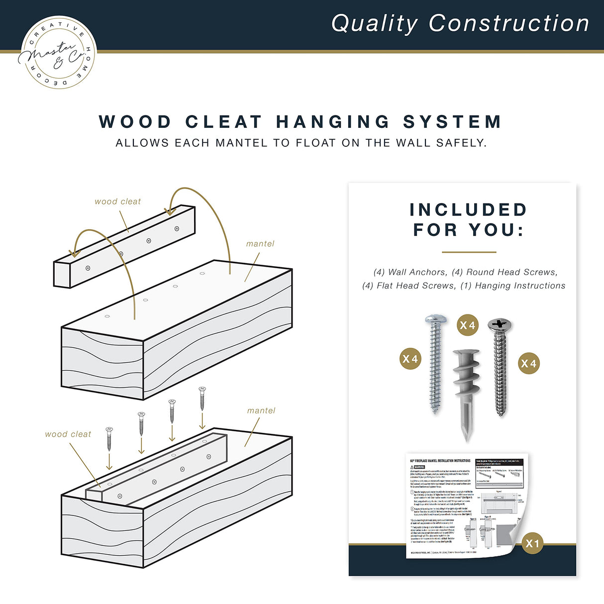 MCS 60-Inch Mantel, Master & Co Antique Natural Finsh Solid Wood Floating Fireplace Mantel, Long Floating Shelf for Livingroom with Wood Cleat Hanging System, Photo and Home Decor Display Shelf MCS