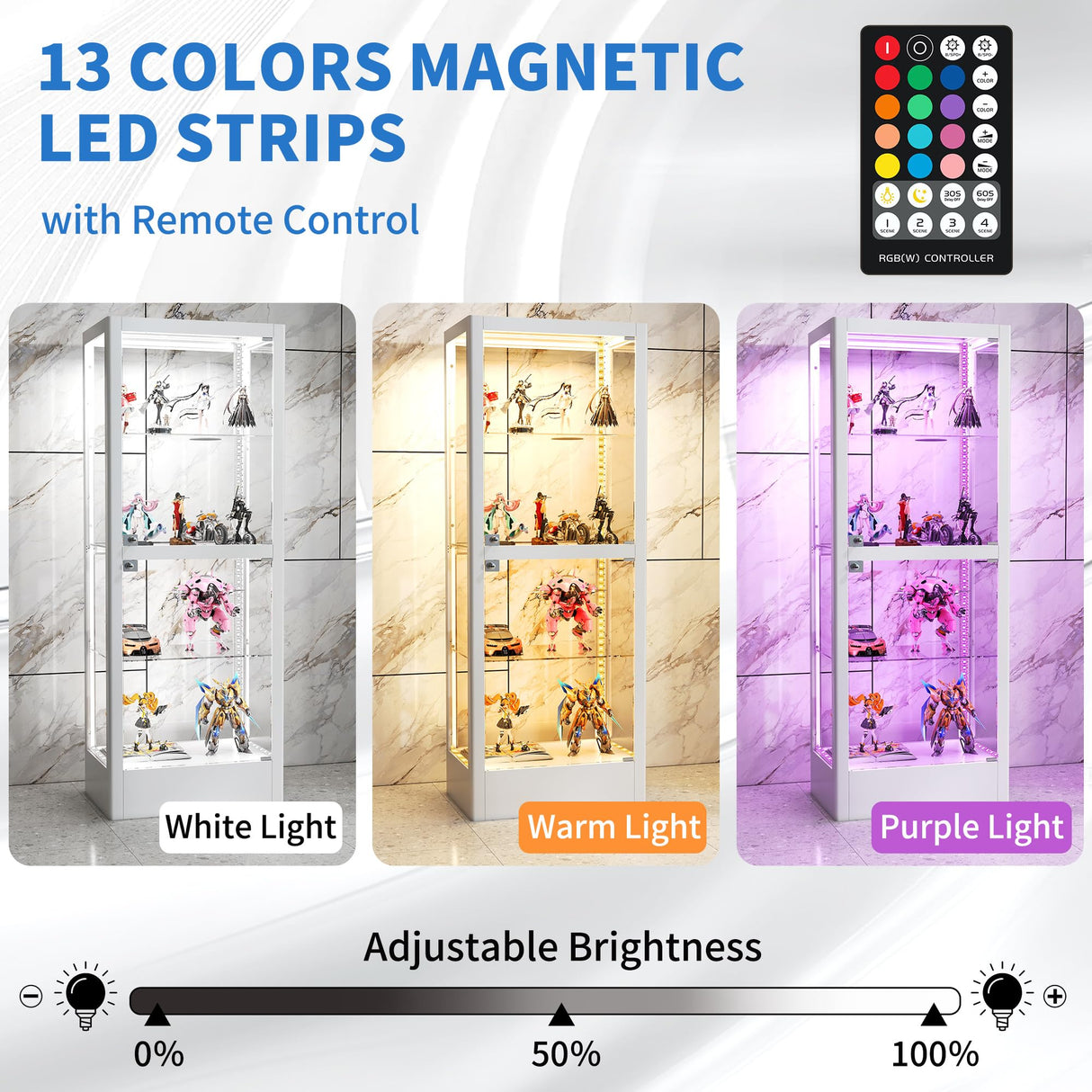 Desirable Life Glass Display Cabinet with 13-Color Light, 63" 4-Tier Curio Cabinet with 2 Glass Doors & Lock, Lighted Display Case with Adjustable Shelves for Collectibles Figures Trophy (White) Desirable Life