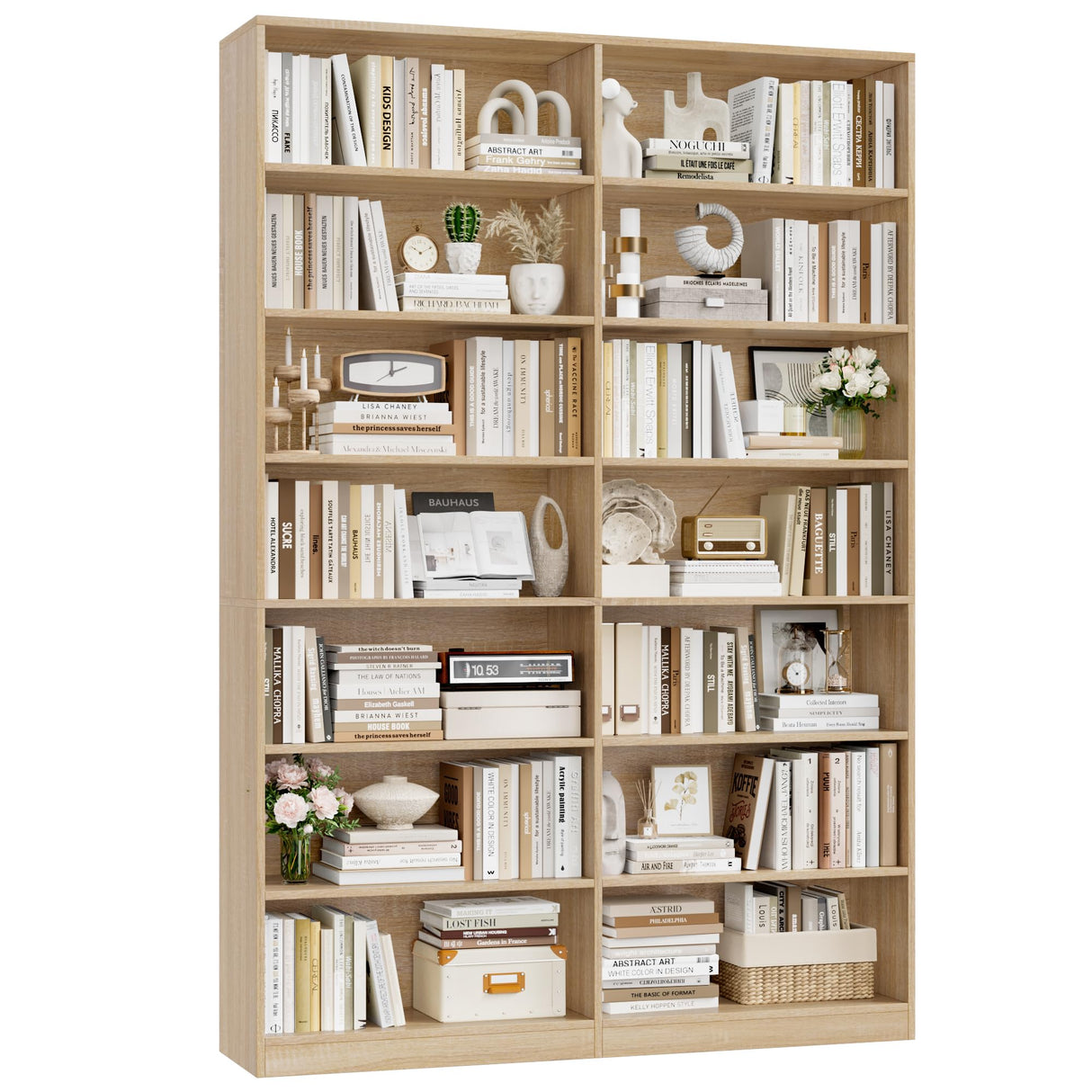 FACBOTALL 83.6" Tall Bookshelf and Bookcase, 7-Tier Extra Large Bookshelf with Double Storage, 14 Open Display Shelves for Home Office, Study and Living Room, Light Oak FACBOTALL
