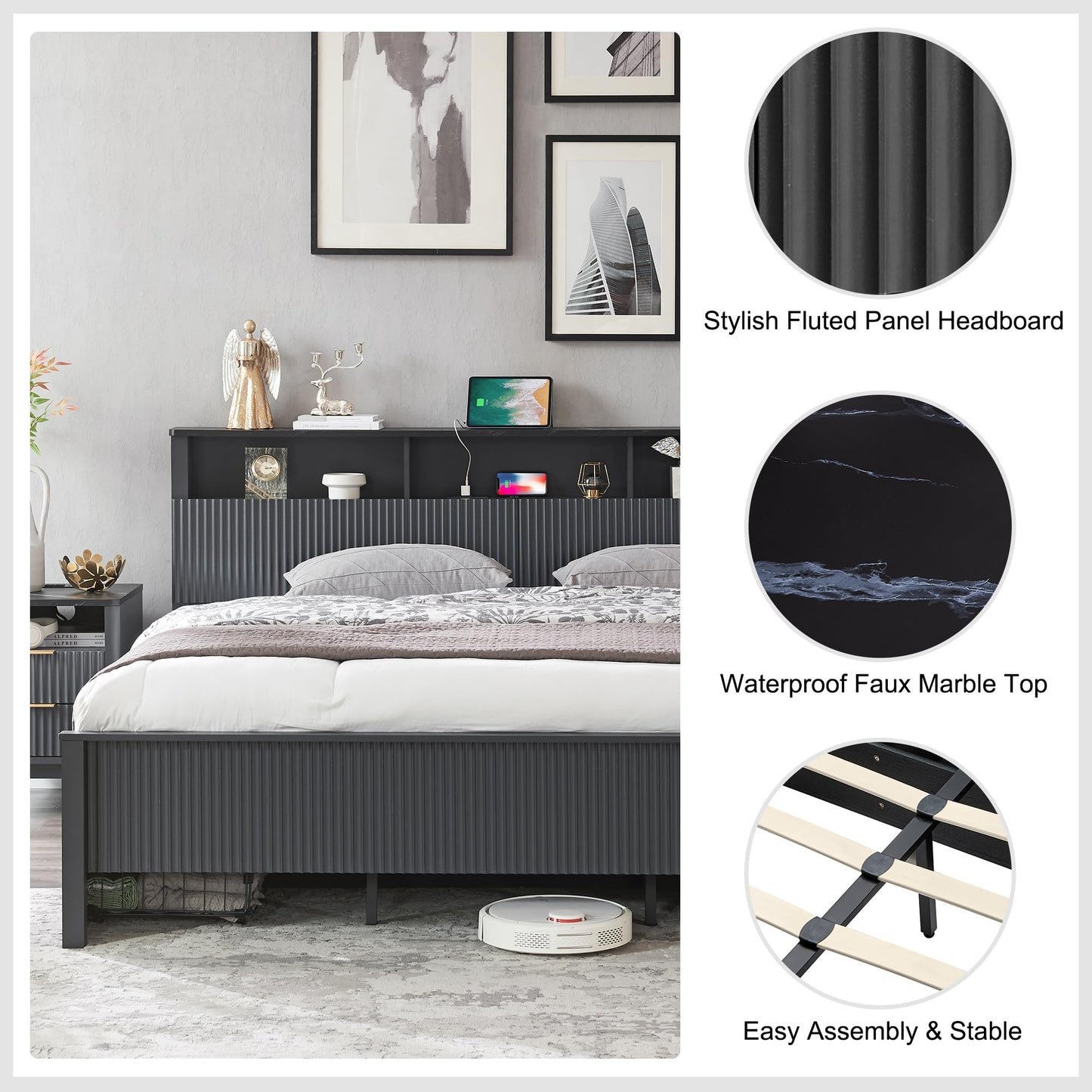 T4TREAM Fluted Panel Queen Bed Frame with Bookcase Headboard & Charging Station, Modern Wood Platform Bed with 4 Drawers, Wood Slats Support, Noise Free, No Box Spring Needed, Dark Grey - WoodArtSupply