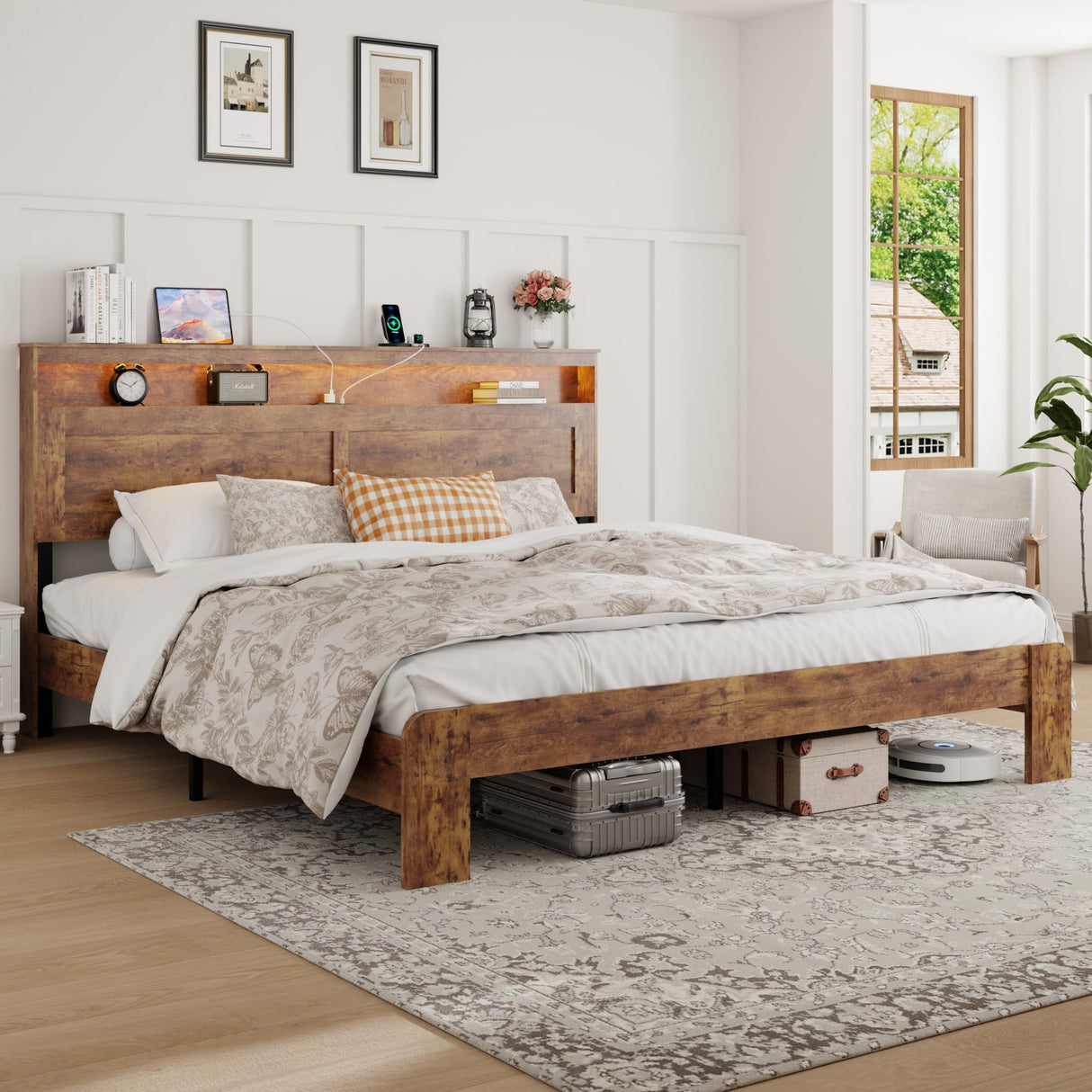 FSTAR King Size Wooden Bed Frame with Headboard, Farmhouse Bedframe with Charging Station & Led Lights, Heavy Duty Metal Slats, Noise Free, No Box Spring Needed, Dark Brown FSTAR