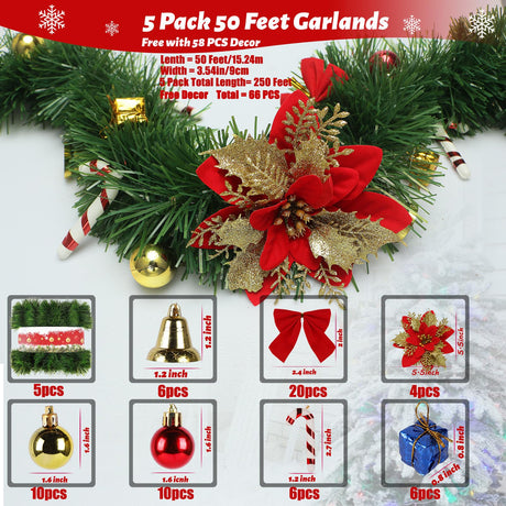 5 Pack 250FT Christmas Garland Flower for Christmas and Non-Lit Soft Greenery Holiday Decor for Outdoor Indoor Artificial Christmas Twist Garland Home Artificial Greenery Wedding Party Decoration NQN