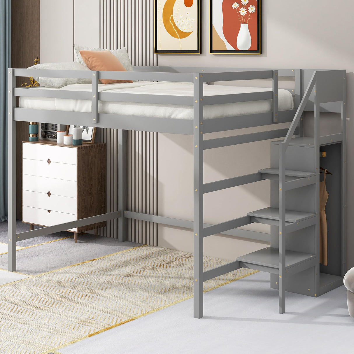 Harper & Bright Designs Grey Full Loft Bed with Staircase, Wardrobe, and Storage Shelf for Kids and Teens Harper & Bright Designs