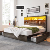 AMERLIFE King Size Wooden Platform Bed with Storage LED Bookcase Headboard and Charging Station, Rustic Grey AMERLIFE
