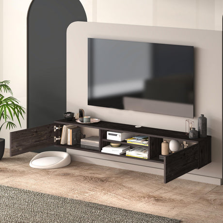 Adam Home Design Black Floating TV Stand Under TV Shelf, Wall Mounted Shelf, Modern Floating Entertainment Center, 71" Large Storage Media Console Wall Unit for Living Room,Bedroom (Black Oak) Adam Home Design
