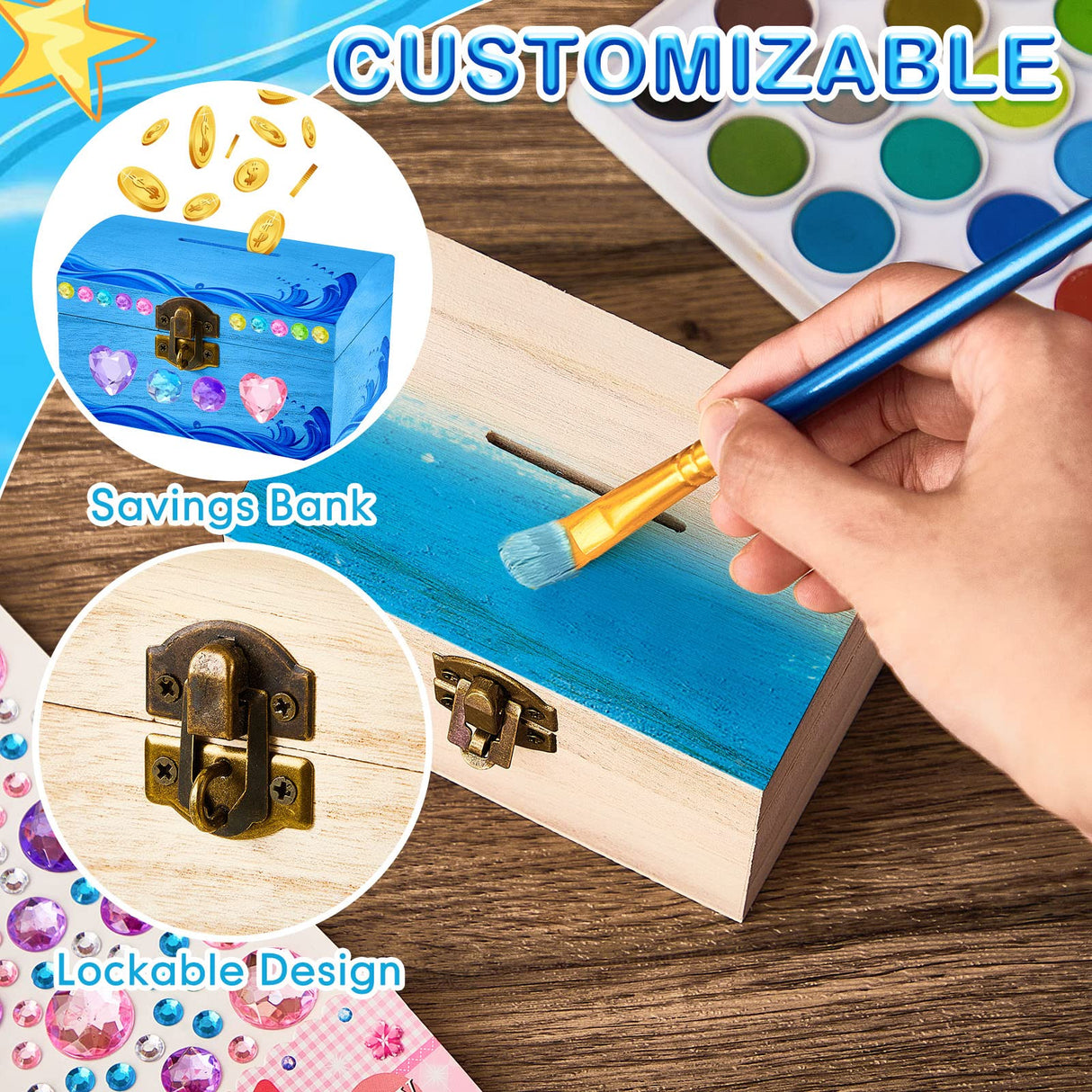 Chapou 24 Pcs DIY Unfinished Wood Treasure Chest Box Savings Bank with Coin Slot Hinged Lid, Front Clasp Lockable Wooden Treasure Box Paint Your Own Piggy Bank for Craft, 4.72 x 3 x 3.23 Inch Chapou