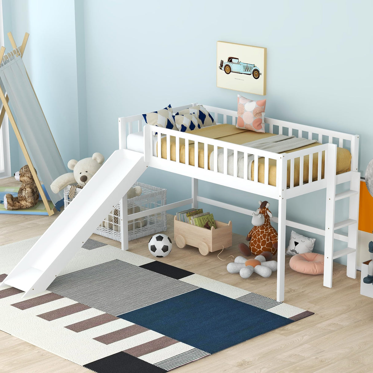 Twin Size Low Loft Bed with Slide,Kids Loft Bed with Ladder,Wood Kids Loft Bed Twin Size for Girls Boys,White Bellemave
