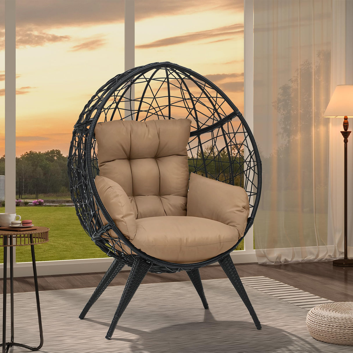 YITAHOME Large Wicker Egg Chair with Stand for Indoor and Outdoor, Cushion, and Adjustable Leveling Feet, Large Lounger for Garden, Patio, Balcony, Backyard,Supports up to 330lbs, Beige YITAHOME
