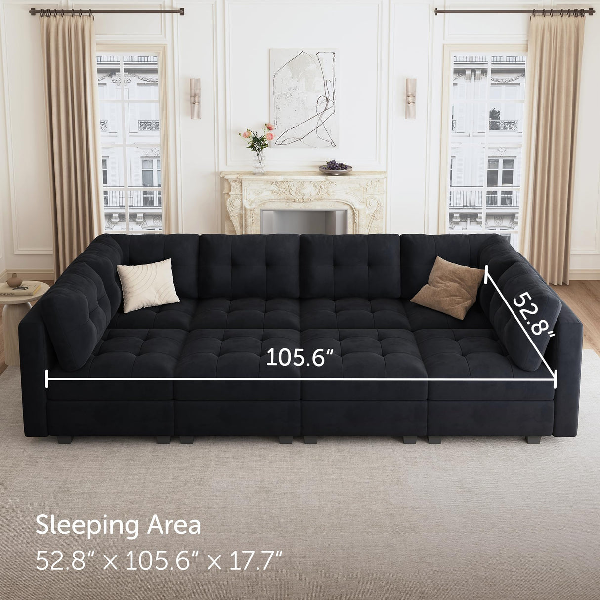 HONBAY Modular Sectional Sleeper Sofa with Storage, Velvet Modular Sofa Couch Oversized, 8-Seat Reversible Velvet Sleeper Sectional Sofa Bed for Living Room, Black HONBAY