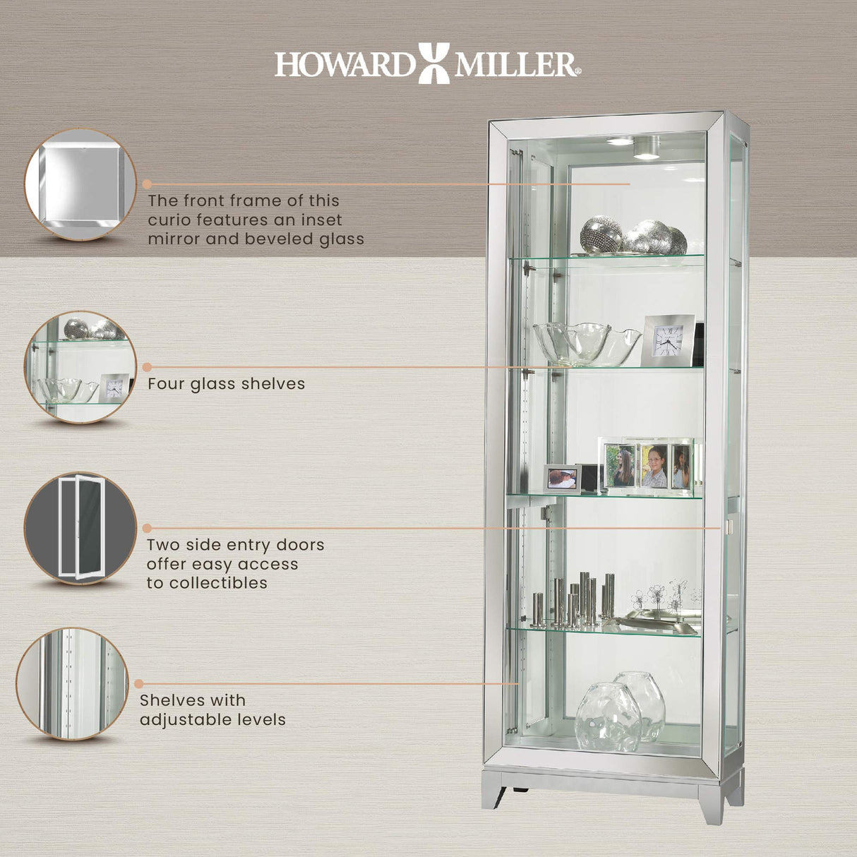 Howard Miller Shayne Curio Cabinet II, Silver Finish - Adjustable Shelf Levelers Perfect for Collectibles, Decorative Items, Office & Living Room with Halogen Light Illuminated Curio Cabinets Howard Miller