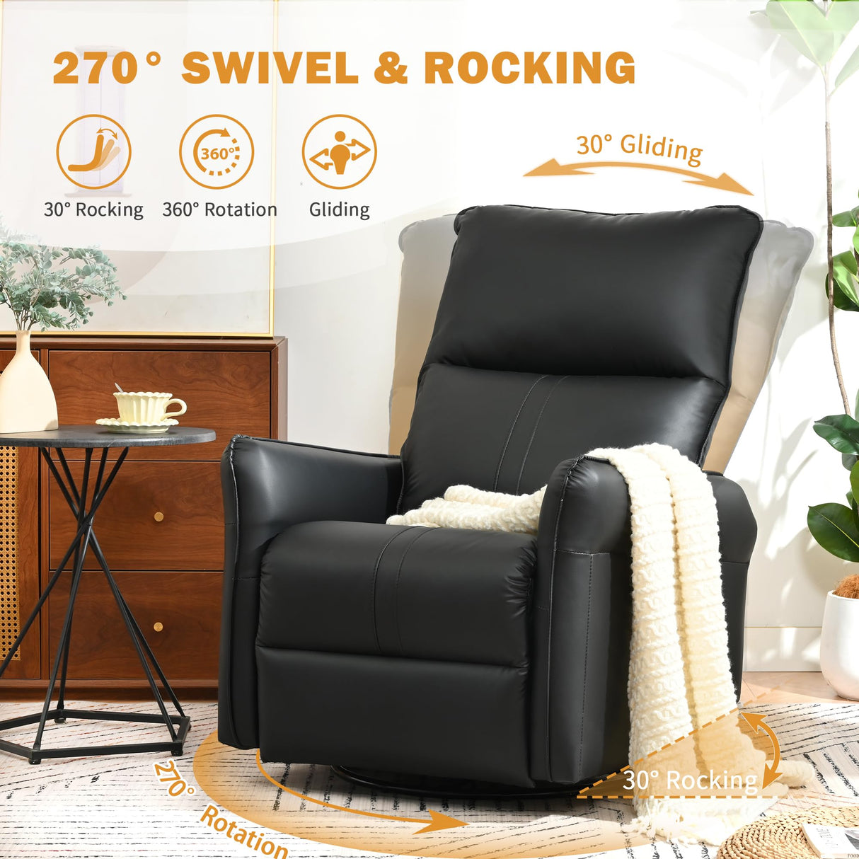 QKFF Power Swivel Rocker Recliner Chair for Nursery, Upholstered 270° Swivel Glider Chair with USB Ports, Power Recliners for Small Spaces Living Room QKFF