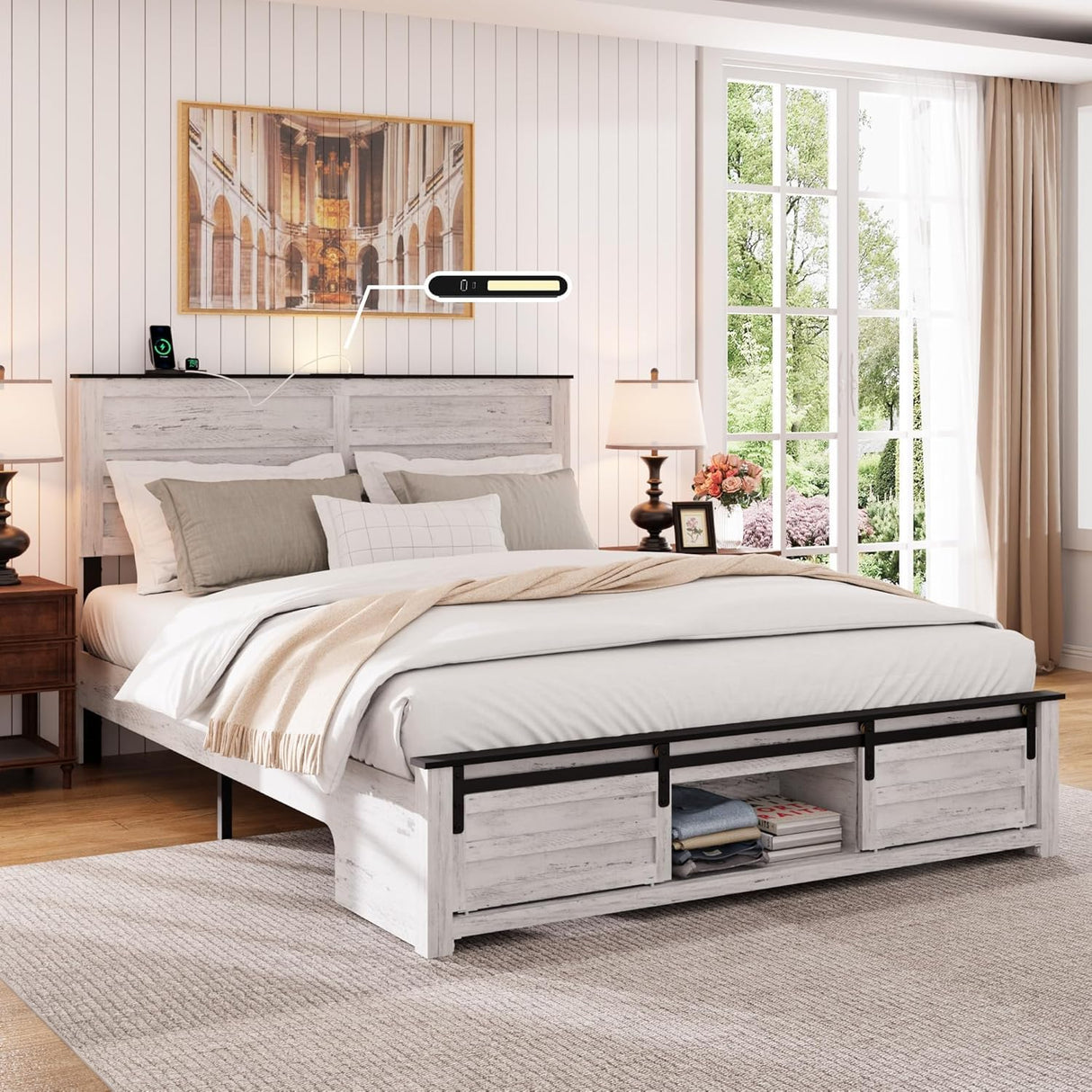 Queen Bed Frame with Storage Headboard, Metal Platform Bed Frame with 3 Storage Compartments, Built-in Charging Station and LED Lights, No Box Spring Required, Noiseless, Easy Assembly，Antique White QNICE