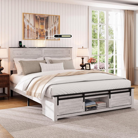 Queen Bed Frame with Storage Headboard, Metal Platform Bed Frame with 3 Storage Compartments, Built-in Charging Station and LED Lights, No Box Spring Required, Noiseless, Easy Assembly，Antique White QNICE
