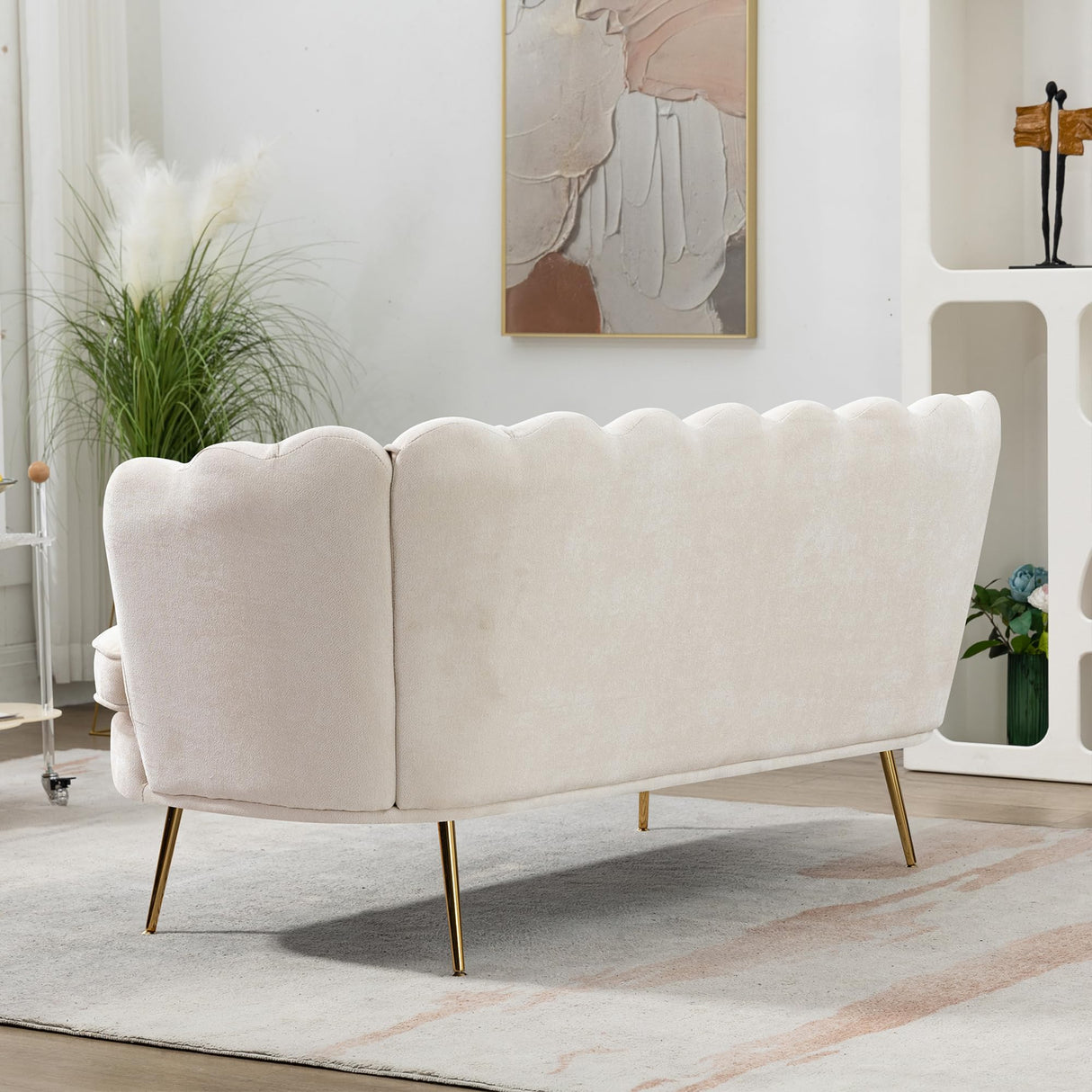 DWOYFO 59” Small Modern Chenille Loveseat Sofa, 2-Seater Sofa with Gold Metal Legs, Small Couch with Flower Shaped Back for Living Room Bedroom Office (Beige & Chenille) DWOYFO