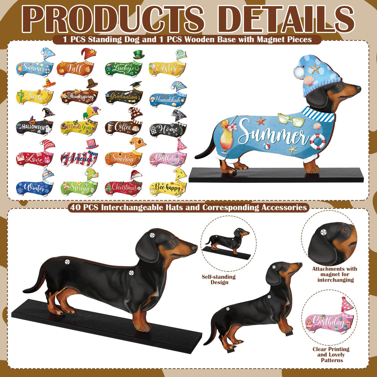 Anglechic 42 Pcs Interchangeable Christmas Dachshund Decor Holiday Seasonal Sign Wiener Dog Thanksgiving Tier Tray Decoration Farmhouse Wood Home Office Desk Accessory Welcome Ornament Pet Lover Gift Anglechic