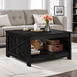 DWVO Square Coffee Table for Living Room, Farmhouse Coffee Table with Storage, 2-Tier Wood Coffee Tables Center Table with Half Open Storage Compartment, Black DWVO