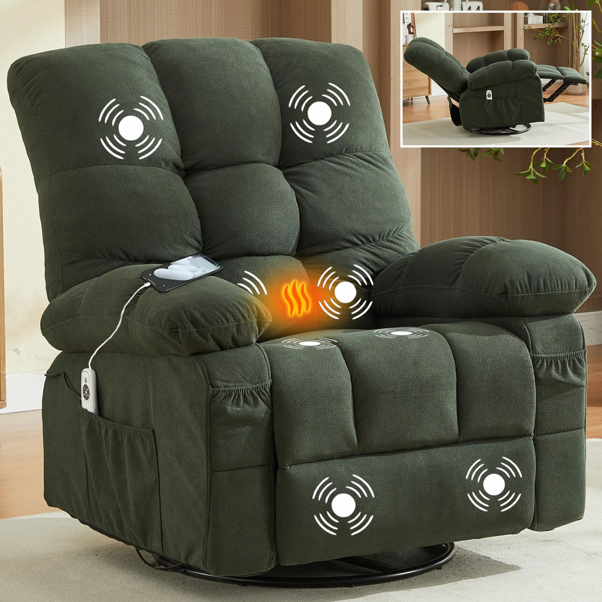 Oversized Recliner Chair & Massage Chair Recliner with Heat,Cozy Lazy Boy Recliners Chairs for Adults, Rocker Recliners Chairs&Manual Reclining with Adjustable Backrest,Pockets (Green) HRVEOCEI