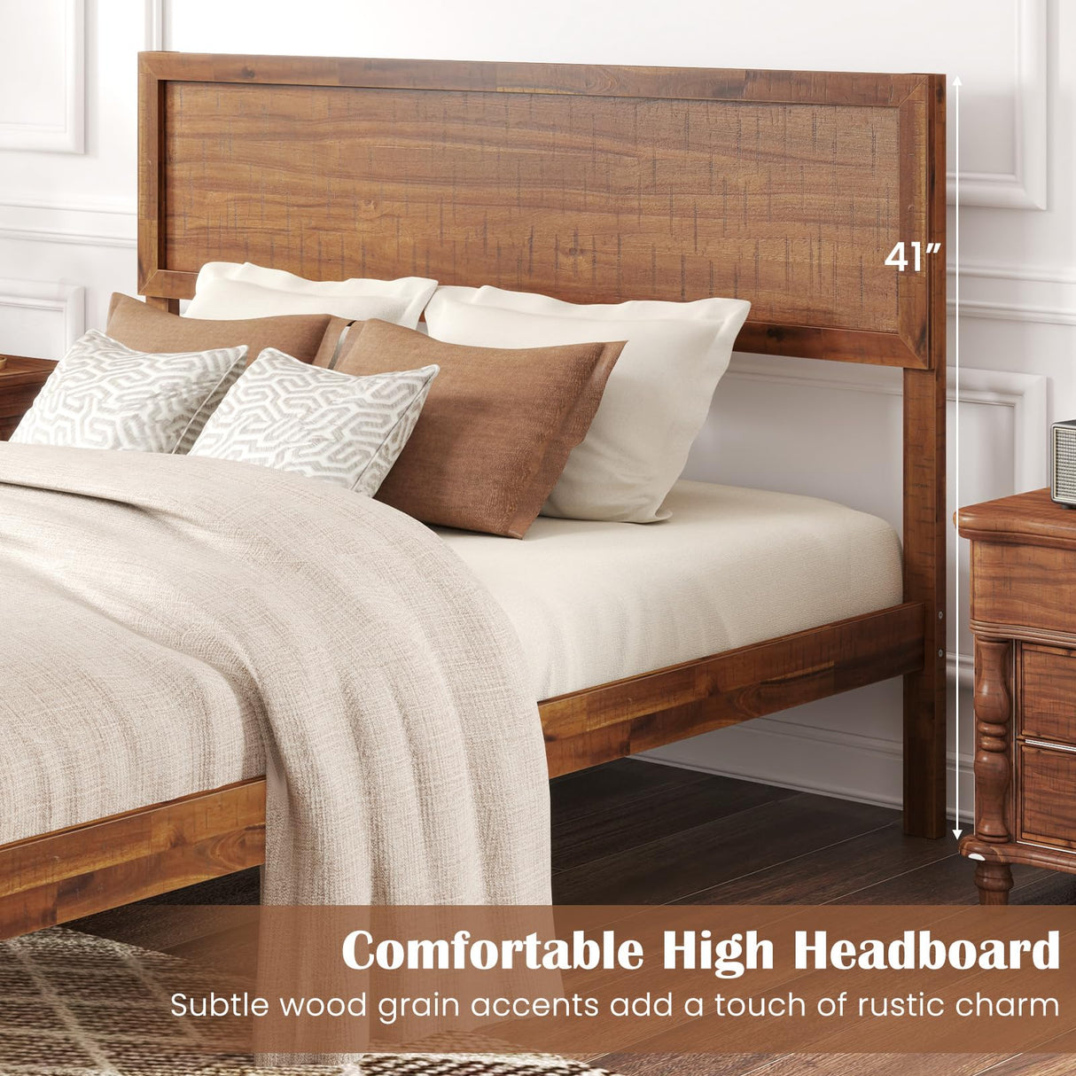 Giantex Wood Full Size Bed Frame with Headboard, Mid Century Modern Platform Bed Full with Solid Wood Legs & Wooden Slat Support, Easy Assembly, No Box Spring Needed, Walnut Giantex