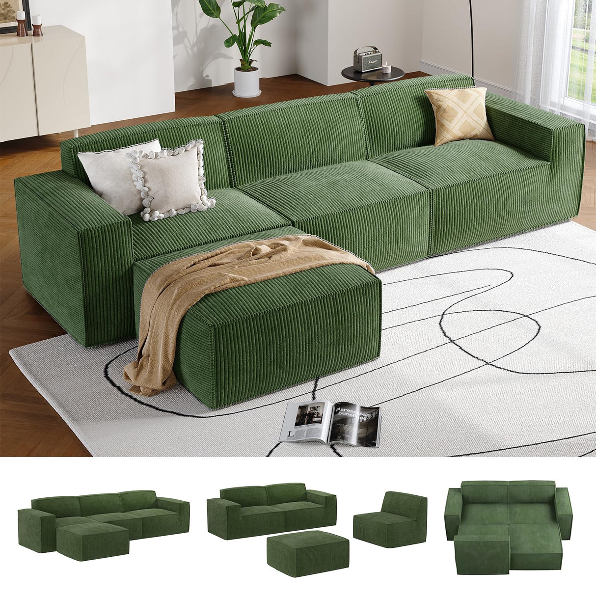 Amada 111" L Shaped Sofa Modular, Corduroy Clopud Couches with Deep Seats &High-Back, Upholstered Couches for Living Room Bedroom with Ottoman, No Assembly Required(2-Seater&1 Ottoman,Green) AMADA HOMEFURNISHING