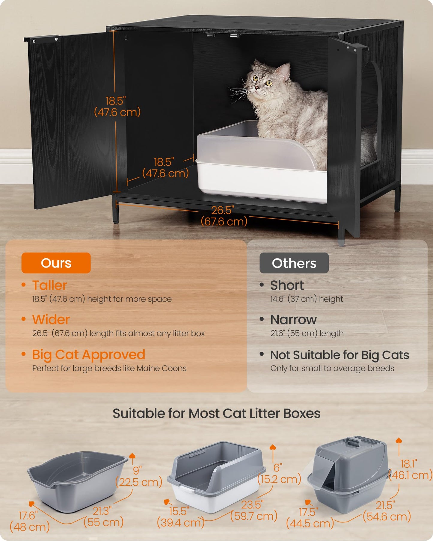 Feandrea Litter Box Enclosure, Modern Cat Litter Box Furniture Hidden, with Handles, Magnetic Locks, Cat House, Side End Table, 28.5 x 19.5 x 23 Inches, Ebony Black UPCL011B02