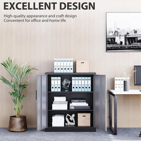 Metal Storage Cabinet with Doors and Shelves,Garage Storage Cabinet with Lock,Black Grey Metal Cabinet with Locking Doors,Steel Cabinet,Lockable Storage Cabinet for Home,Office,Garage Cabinets SISESOL