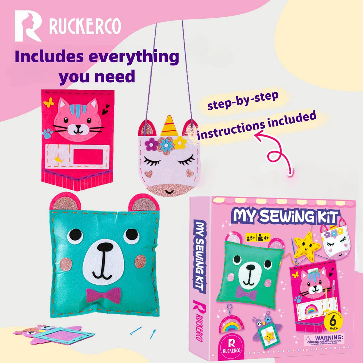 My First Sewing Kit for Beginners Kids Children's Arts and Crafts, 6 Easy DIY Projects of Stuffed Animals and Pillows Craft for Kids Toys for Ages 4 5 6 7 8 9 Boys Girls Gift, Learn to Sew, Embroidery R RUCKERCO