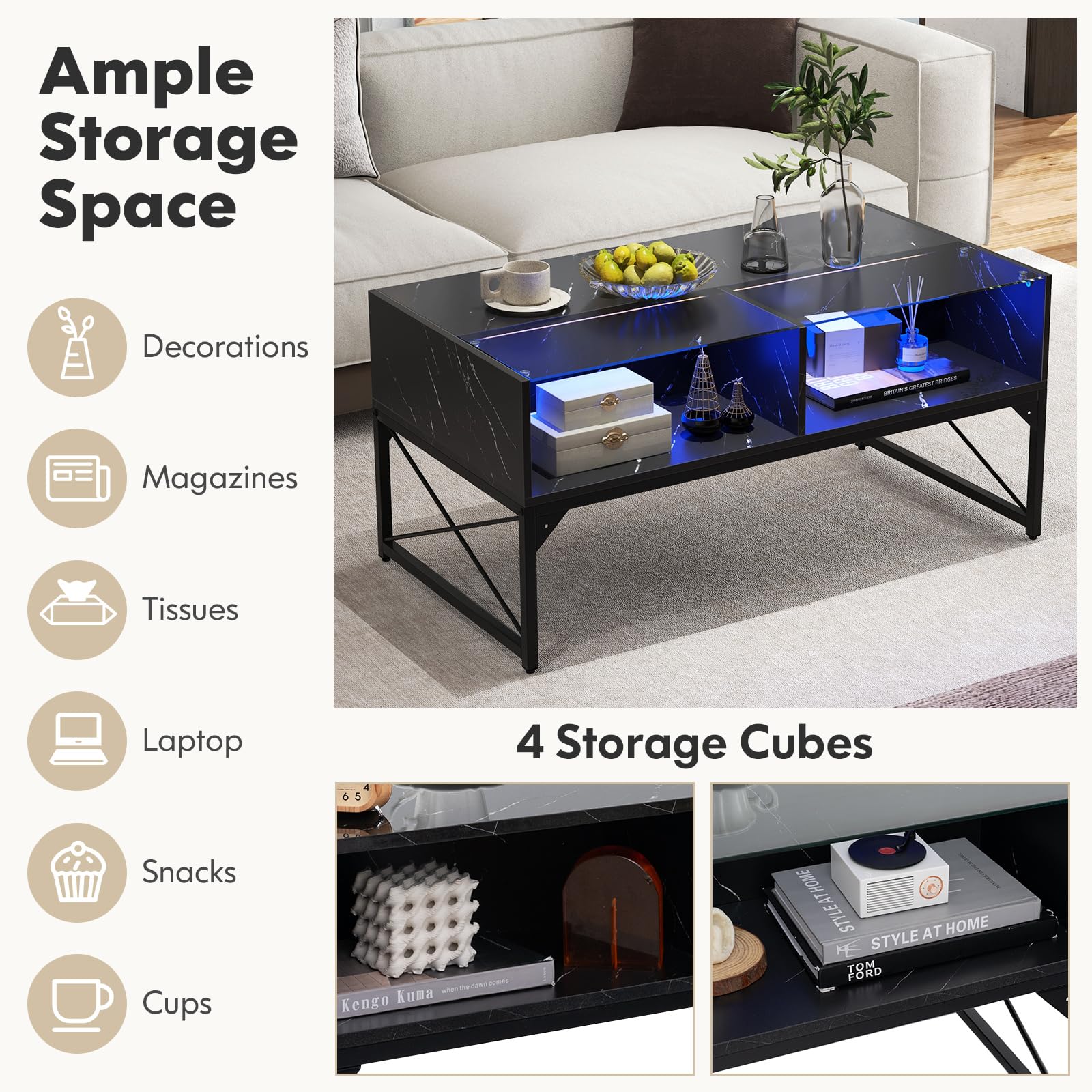 Giantex LED Coffee Table, High Gloss Coffee Tables with 4 Storage Cubes, 20-Color Lights, Remote Control, Faux Marble & Tempered Glass Top, Modern Accent Rectangle Center Table for Living Roo - WoodArtSupply