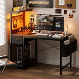 Grandder Gaming Desk 47 Inch with Power Outlet and LED Light, Computer Desk with Reversible Shelves and Storage Drawer, Pc Small Desk for Home Office Table with Bag, Carbon Fiber Black Grandder