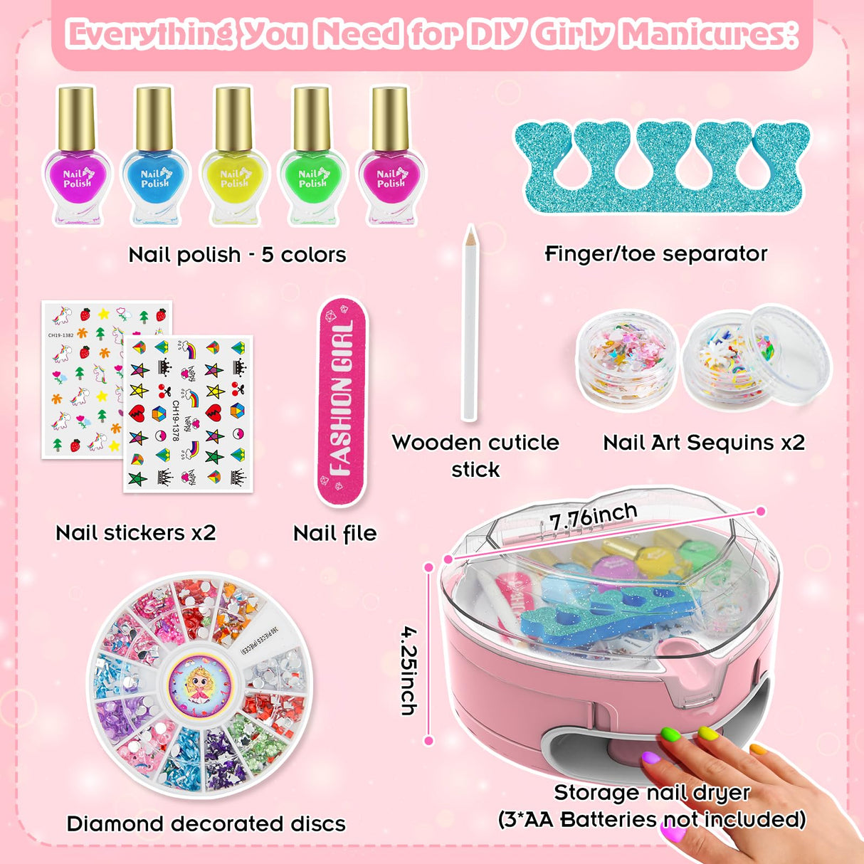 PUPPSITTY Kids Nail Polish Set for Girls,All-in-One Nail Art Kit for Kids with ‌Nail Dryer & DIY Decorations, Peelable Nail Polish/Stickers/Gems/Nail File&Tools, Gifts for Girls Age 7-12 PUPPSITTY