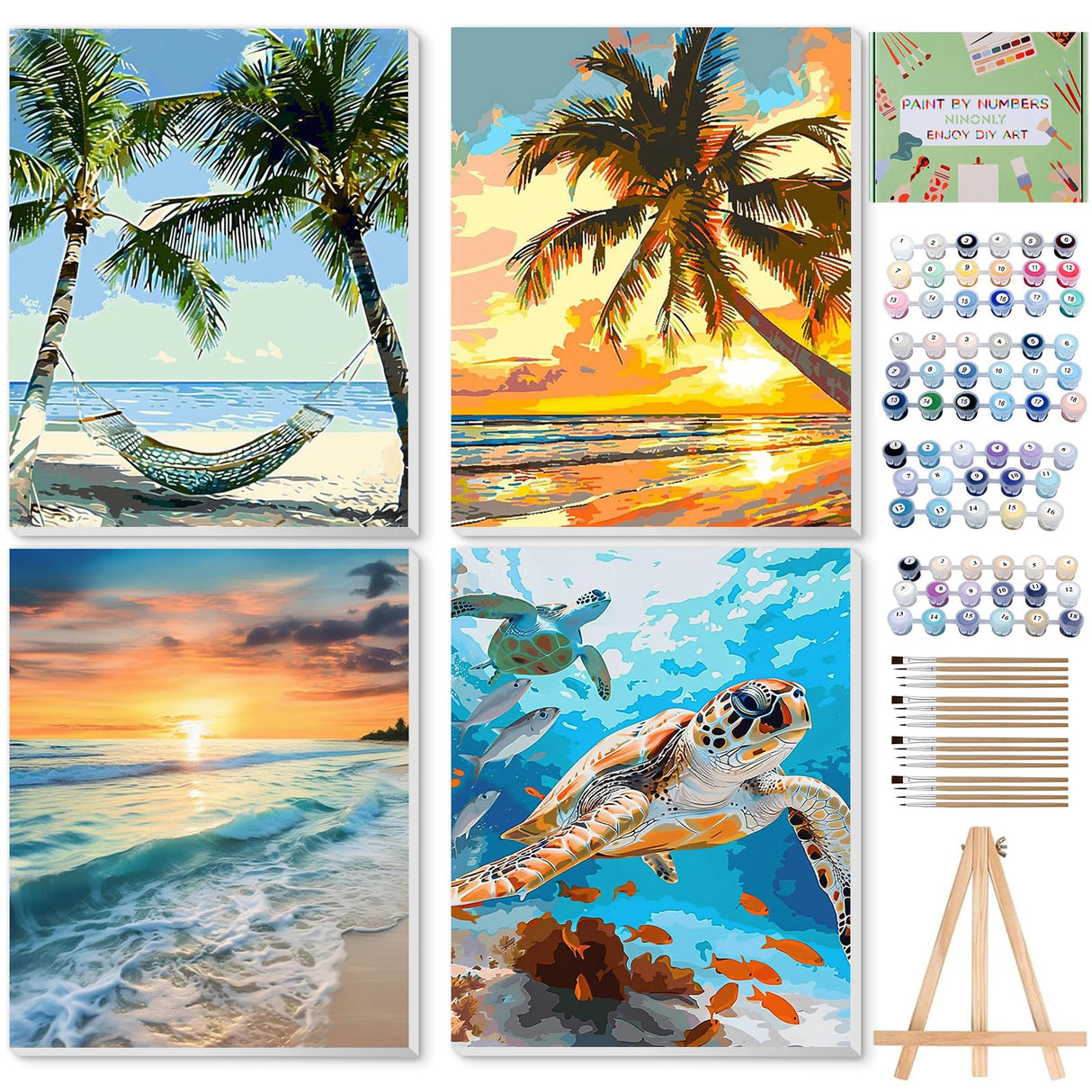Ninonly Paint by Numbers Kit for Adults with Framed Canvas, 4 Pack Beach Sea Turtle Arts and Crafts for Adults Beginner with Wooden Easel, Paint Brushes, Acrylic Paint, 9 * 12 Inch Ninonly