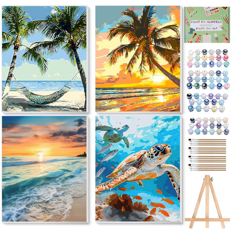 Ninonly Paint by Numbers Kit for Adults with Framed Canvas, 4 Pack Beach Sea Turtle Arts and Crafts for Adults Beginner with Wooden Easel, Paint Brushes, Acrylic Paint, 9 * 12 Inch Ninonly