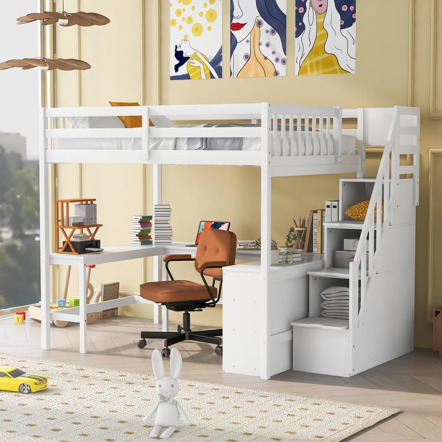 Harper & Bright Designs Multifunctional Full Size Loft Bed with Stairs and Desk in White