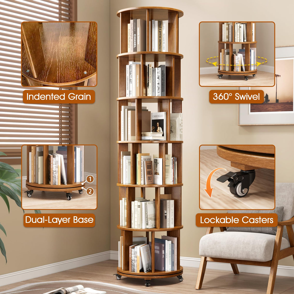 6 Tier Rotating Bookshelf Tower Spinning Bookshelf with Swivel Wheels Book Shelf Rotating Storage Tower for Kids Adult Narrow Walnut Solid Wood Revolving Bookcase Organizer for Bedroom Living Room IUNVR