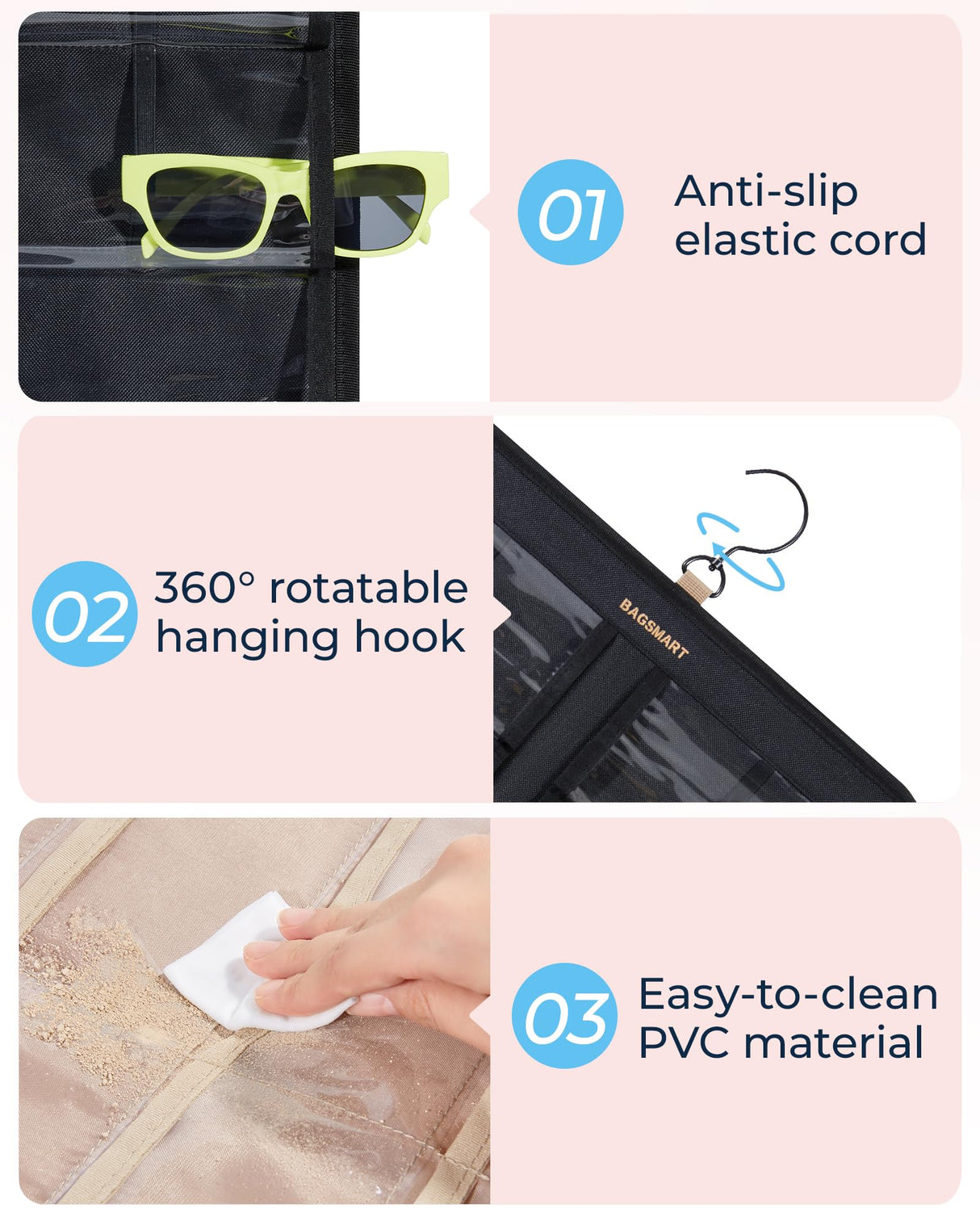 BAGSMART Hanging Jewelry Organizer, Dust Proof Sunglasses Storage Case Wall Mounted, Travel Dual Sided Glasses Case Multiple Pairs, Eyeglasses Holder with 32 Clear Slots & Metal Hook, Black BAGSMART