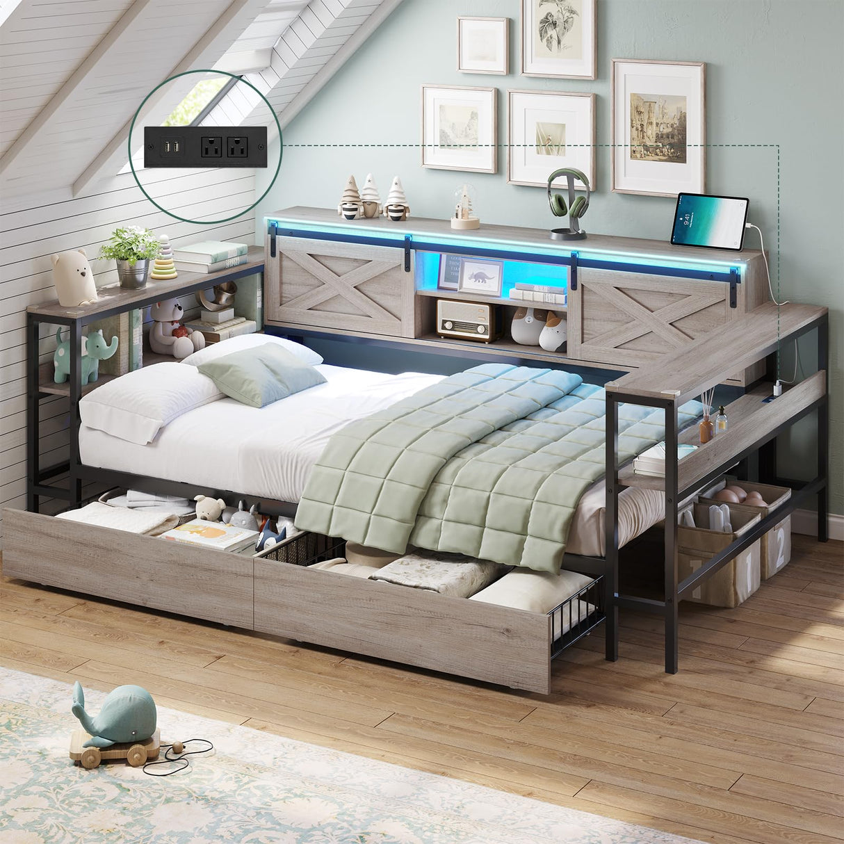 DICTAC Twin XL Corner Bed Frame with Storage Drawers,Charging Station and Led Lights Farmhouse Metal Platform Bed Frame with Sliding Barn Doors,Twin XL Daybed with Storage Headboard,Rustic Gray DICTAC