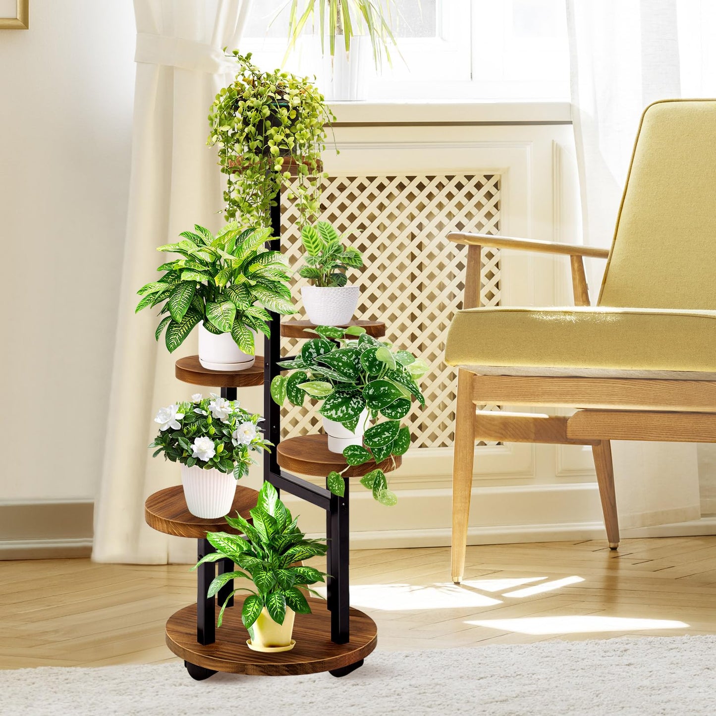 GEEBOBO 5 Tier Plant Stand With 4 Wheels, Metal Wood Tall Plant Stands For Indoor Plants Multiple, Corner Tiered Flower Plants Shelf Stand for Living Room Bedroom, Brown