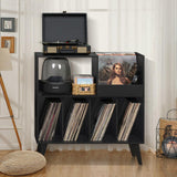 LELELINKY Large Record Player Stand, Turntable Stand with Storage, Vinyl Record Holder with Display Area, Record Player Table Holds Up to 300 Albums, Record Stand for Music room Living Room-Reto Black LELELINKY
