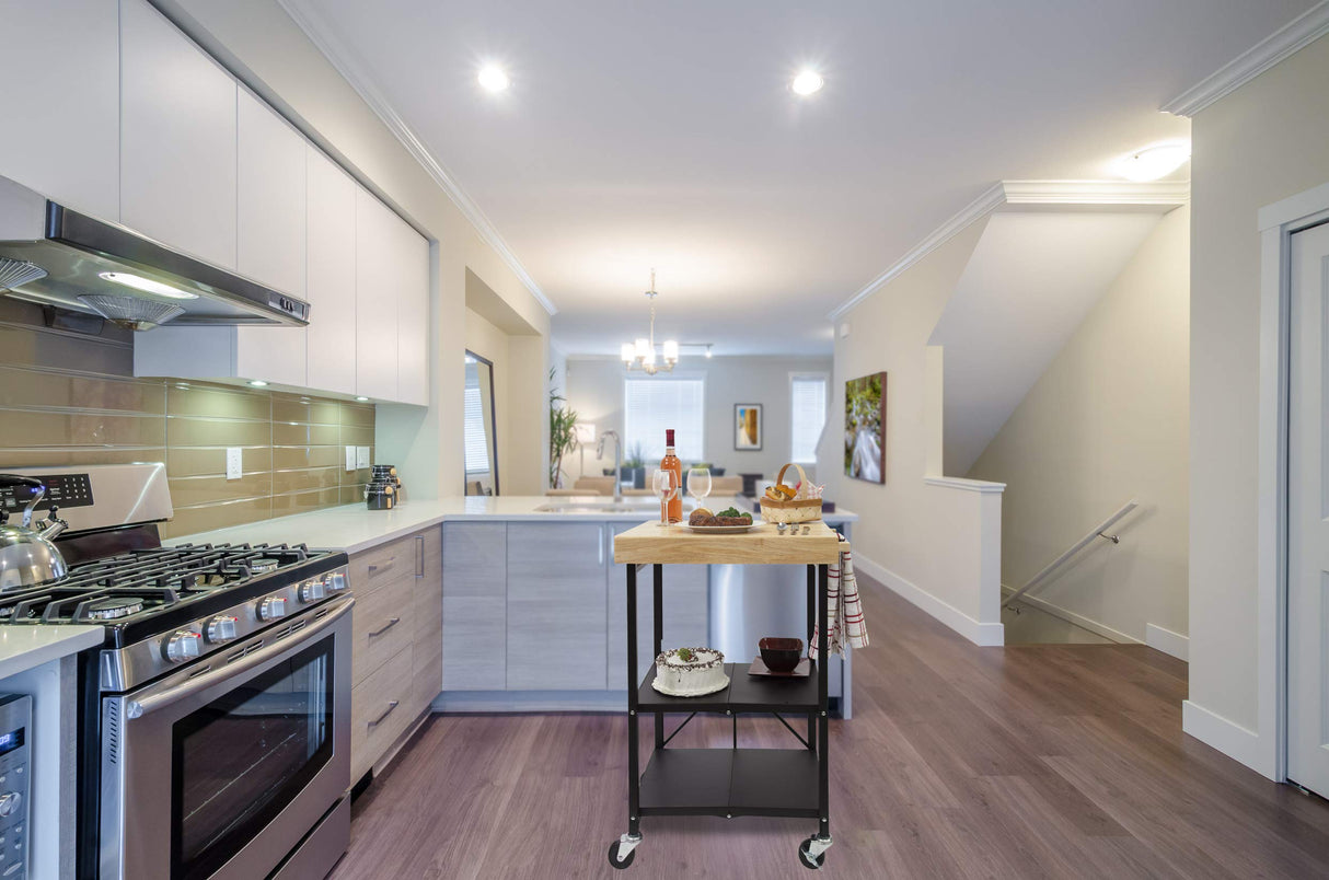 Origami Foldable Wheeled Portable Steel Frame and Solid Wood Top Kitchen Island Bar Cart with Open Shelving and Built In Towel Rack, Black Origami