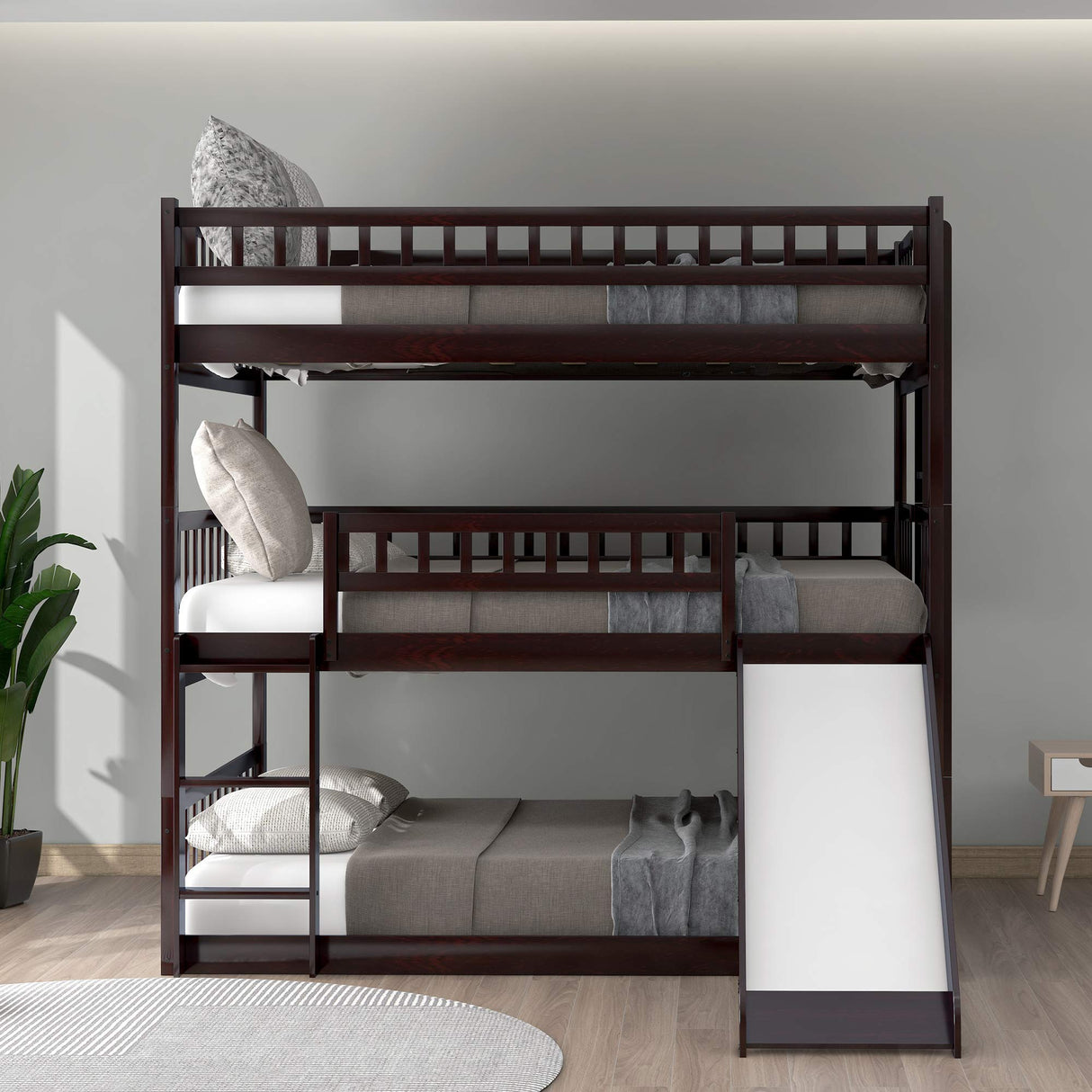 Triple Bunk Beds with Slide ，Wooden Bunk beds Full Over Full Over Full ，Floor Triple Bunk Bed with Ladder & Guardrails for kids /Teens/Adults,Can be Convertible to 3 Beds ,Espresso Harper & Bright Designs