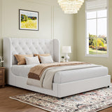 HOMBCK Queen Size Bed Frame, Upholstered Bed Frame Queen with Softly Curved Wings Velvet Tufted Headboard, Sturdy Wooden Slats Support, No Box Spring Required, Noise Free, Easy Assembly, White HOMBCK