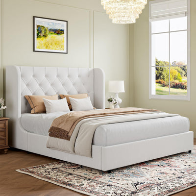 HOMBCK Queen Size Bed Frame, Upholstered Bed Frame Queen with Softly Curved Wings Velvet Tufted Headboard, Sturdy Wooden Slats Support, No Box Spring Required, Noise Free, Easy Assembly, White