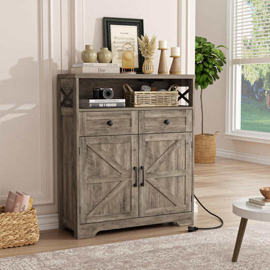 31.5" Rustic Grey Farmhouse Storage Cabinet with Barn Doors and Drawers, Sideboard Buffet Cabinet with Storage, Kitchen Pantry Hutch Cabinet, Coffee Bar Station Table for Kitchen, Livingroom, Bathroom