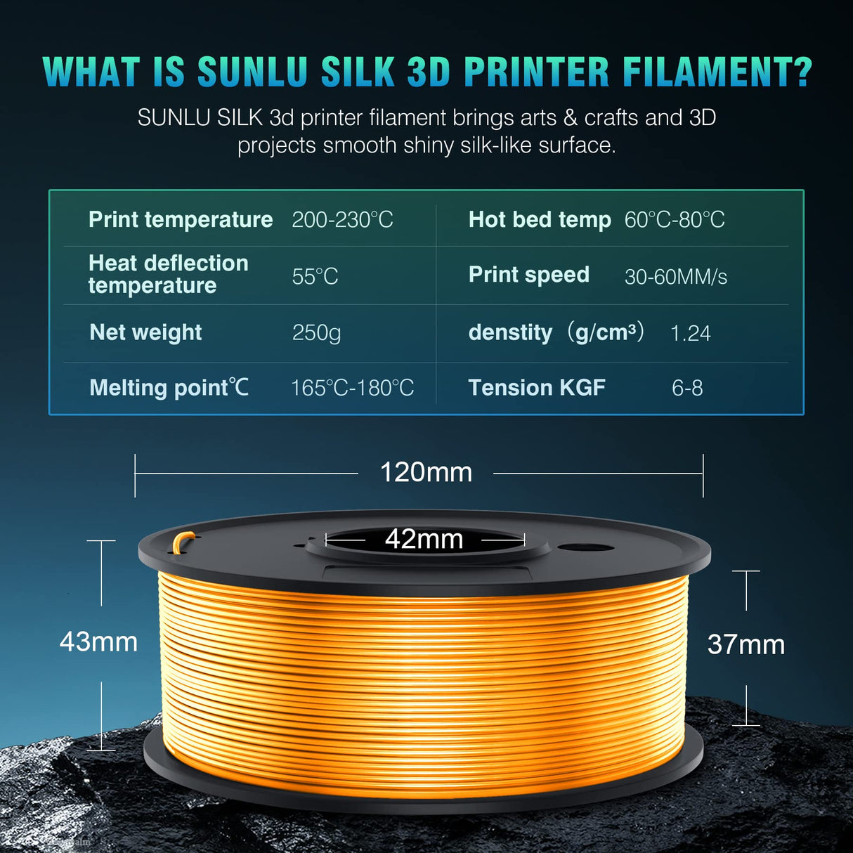 SUNLU 3D Printer Filament, 250G PLA Silk Filament Bundle, 1.75mm Smooth Silk Filament Muticolor, Neatly Wound Filament, 250G Spool, 8 Rolls, Black+White+Light Gold+Silver+Brass+Red Copper+Blue+Green SUNLU