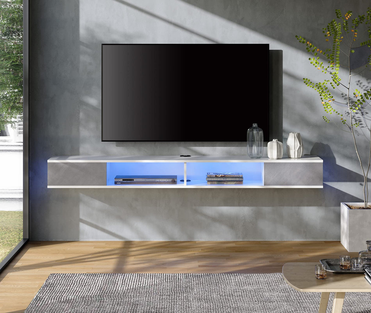 WAMPAT Floating 70 inch TV Stand with Blue LED Lights, Entertainment Center Media Console, Wall Mounted Shelf Media Console Cabinet with Storage for 65/70/75 inch TVs, White&Grey WAMPAT