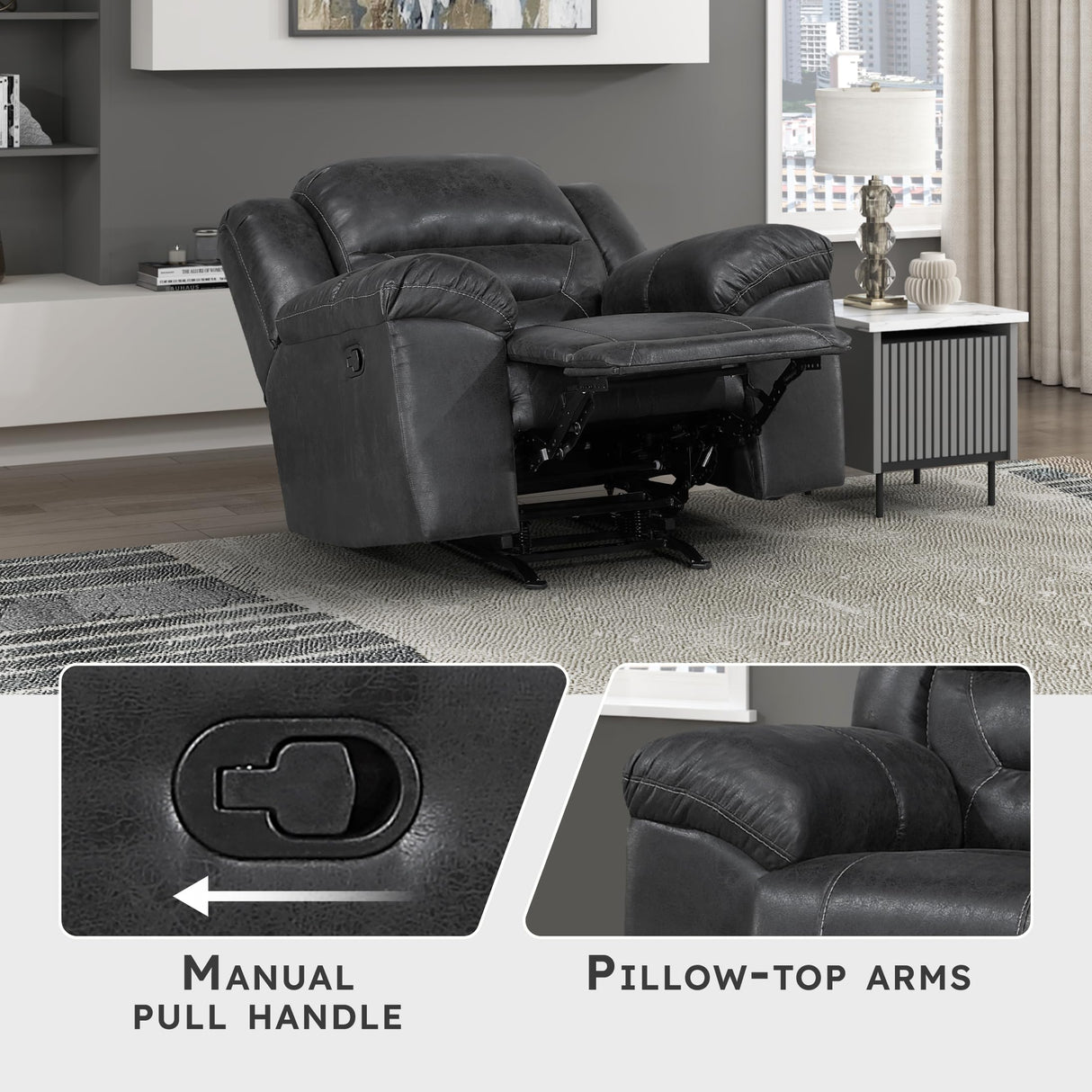 Lexicon Rocker Recliner Chair for Living Room, Wall Hugger Manual Recliner Chairs, Textured Microfiber Upholstered Rocking Reclining Chair, Home Theater Seating, Required Assembly, Black Lexicon