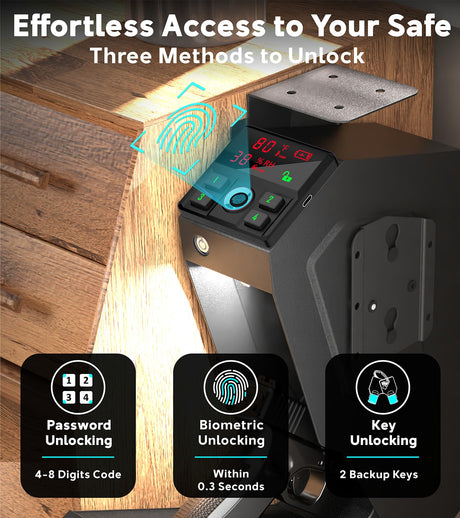 QINGENO Quick-Access Mounted Nightstand Handgun Gun Safe, Drop Down Auto Open Lid Smart Pistol Safe with Biometric Lock/Keypad Lock/Key Lock (QG8002F Biometric) QINGENO
